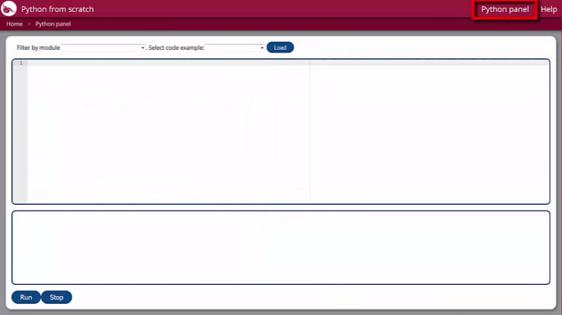 A Python panel, opened by clicking the "Python panel" button in the navigation bar.