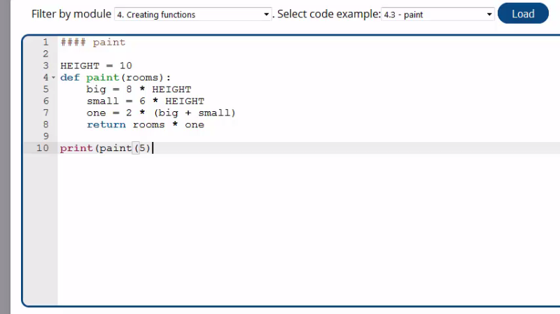 "print(paint(5)" is written. "print" is burgundy, and the second open parenthesis is boxed.