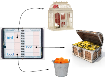 Initializing the variables bird, loot, and food by providing the values chicken, money, and apricots, respectively.