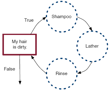 Visual representation of the steps involved in the iteration associated with "Rinse. Lather. Repeat."