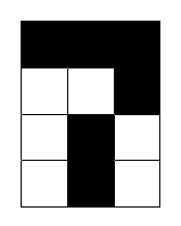 A 3 by 4 grid with all squares in the first row, third square in the second row, and the second square of the third and forth rows coloured in black.